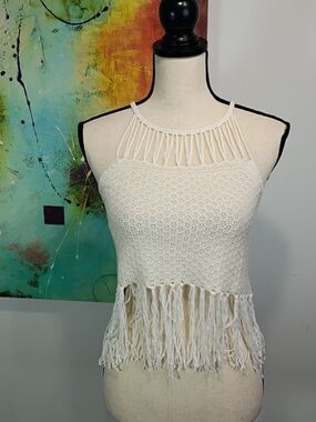 Boho Fringe Crochet Halter Tank Top - Cream